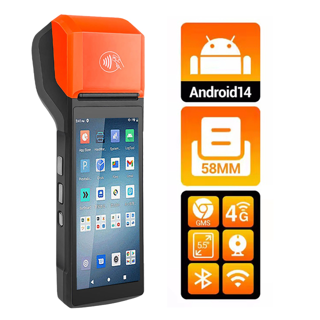Android 14 GMS Handheld Mobile POS Terminal 5.5 Inch Open System 58mm Thermal Printer NFC 4G WiFi for Food Delivery R330 Plus