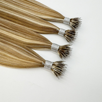 Extensions de cheveux humains Remy à double trame brute avec logo personnalisé, texture lisse soyeuse, à anneaux nano et kératine, longueur 10-50 pouces