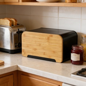 Bamboo Lid Bread Box 35X20X21Cm Airtight <b>Storage</b> <b>Kitchen</b> Use - Product Image 1