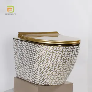 China Factory Bathroom WC P Trap Rimless Big Size Wall Mounted Toilet Golden Color Ceramic Toilet Wall Hung WC