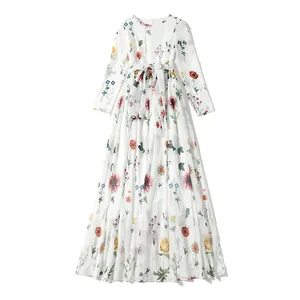 Women Long Sleeve Chiffon Dresses Autumn Floral Printed Swing Bow Neck Maxi Long Dress For Beach Female Holiday Mujer Vestidos