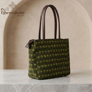 Handcrafted Green Tote Bag Cotton <b>Rug</b> Block Print Shoulder Bag Large <b>Boho</b> Shopper Leather Handle Bulk Supplier India - Product Image 6