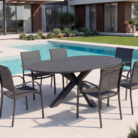 Table de jardin extensible ovale HOMFUL, plateau à lattes, aluminium noir, mobilier d'extérieur pour jardin, terrasse et cour.