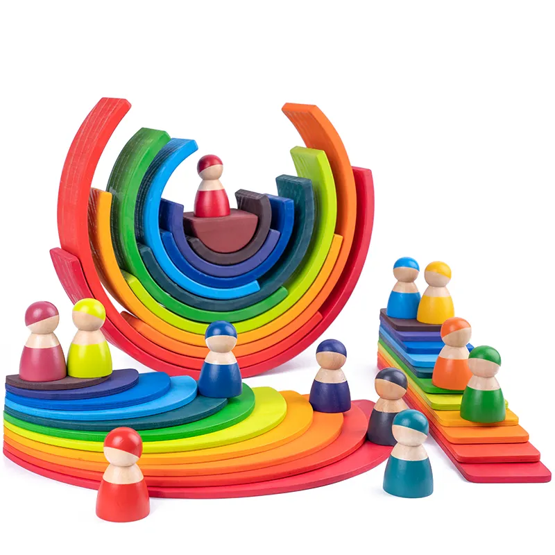 Effen Kleurrijke Custom Arch Baby Montessori Spel Educatieve Stenen Brug Regenboog Houten Speelgoed Stapelen Stapelaar Kind Bouwstenen