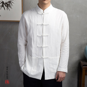 <span class=keywords><strong>Camicia</strong></span> cinese ampia a maniche lunghe Kungfu da <span class=keywords><strong>uomo</strong></span> con colletto rialzato abbottonatura in stile cinese stile retrò Color puro - Product Image 4