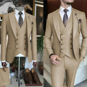 Nouveau costume trois pièces pour <span class=keywords><strong>homme</strong></span> de fabrication chinoise, <span class=keywords><strong>bleu</strong></span> uni, à revers plat, pour usage quotidien et formel, comprenant veste, pantalon, à <span class=keywords><strong>carreaux</strong></span> et à pois - Product Image 3
