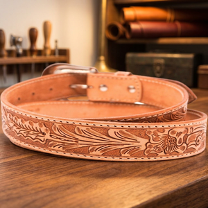 Custom Floral Engraved Men's Western Leather Hand <b>Tooling</b> <b>Belt</b> for Jeans with Stylish Brass Single Prong Buckle <b>Tooled</b> <b>Belt</b> - Product Image 1