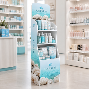 Body Wash Display Corrugated Floor <b>Stand</b>, Curved 3-Tier Rack For Shower Gel Bottles, Custom <b>Print</b> For Supermarket Care Aisles - Product Image 1