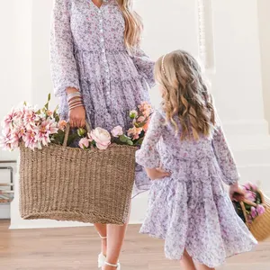 Feito na china balé personalizado floral pai-filho mãe e filha manga lanterna floral chiffon vestido de manga longa