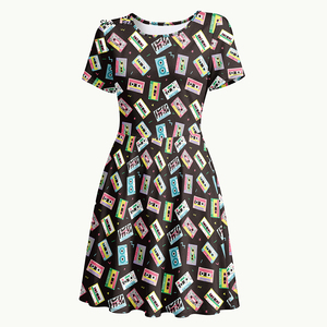 Women Retro Music Cassette Tape Print Dress Vintage A-Line <strong>Skirt</strong> with Dual Side Pockets Short Sleeve Pop Art Casual Vestidos - Product Image 2