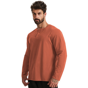 T-shirt de sport à manches longues pour homme, col rond Henley, en polyester/coton, coupe ample, couleur unie, pour entraînement de basketball et course à pied, avec logo personnalisé - Product Image 2