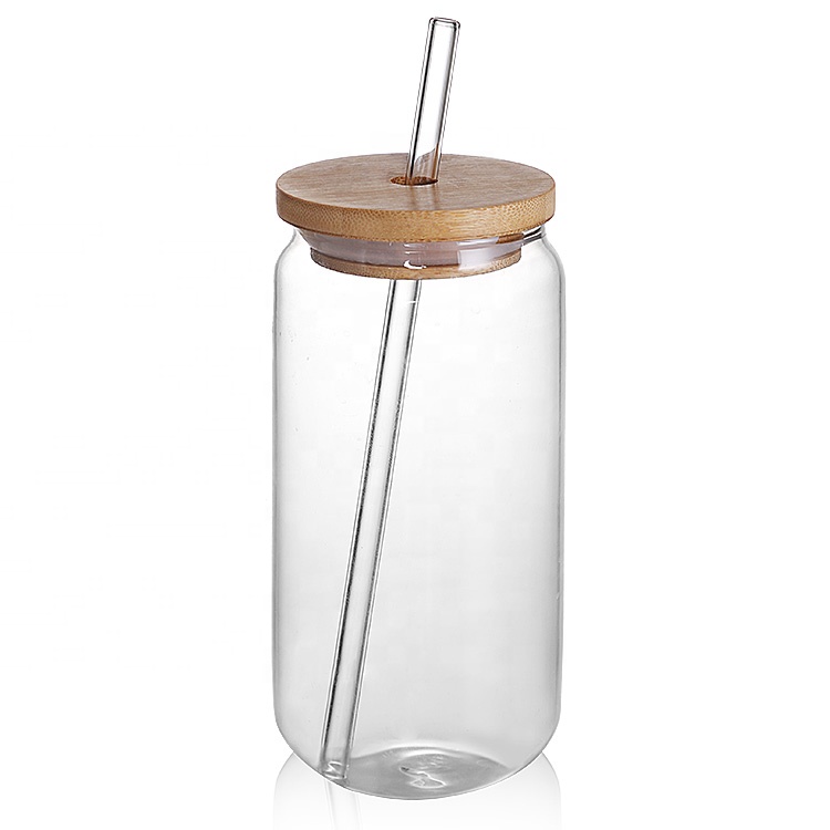 16oz Clear Borosilicate Glassware Drinkware Iced Coffee Cup Tea Mug Water Tumbler Dinking Glasses Beer Can Glass with Lid Straw