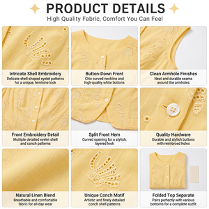 Chemise en lin sans manches pour femmes avec broderie à la main, boutonnée, col rond, haut décontracté d'été, conception personnalisée ODM OEM - Product Image 3