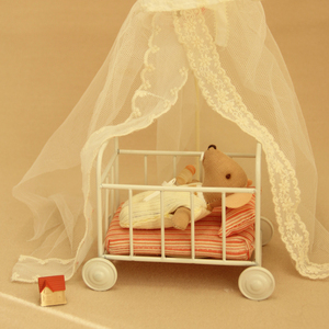 Miniature Vintage Metal Crib Dollhouse White Lace Canopy Wheels Floral <strong>Bedding</strong> Striped Nursery Decor Ornament Gift - Product Image 6