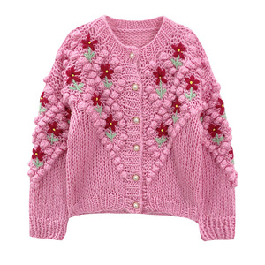 AYMT & Girl hiver main <span class=keywords><strong>Crochet</strong></span> tricots avec motif femme O cou à manches longues tricot <span class=keywords><strong>Cardigan</strong></span> pull brodé pull - Product Image 1