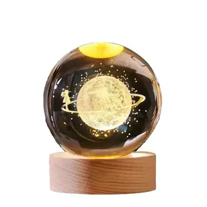 Christmas Gift 3D Crystal Ball Wooden Base Solar System Planet LED Luminous Night Light Nebula Saturn Atmosphere Light