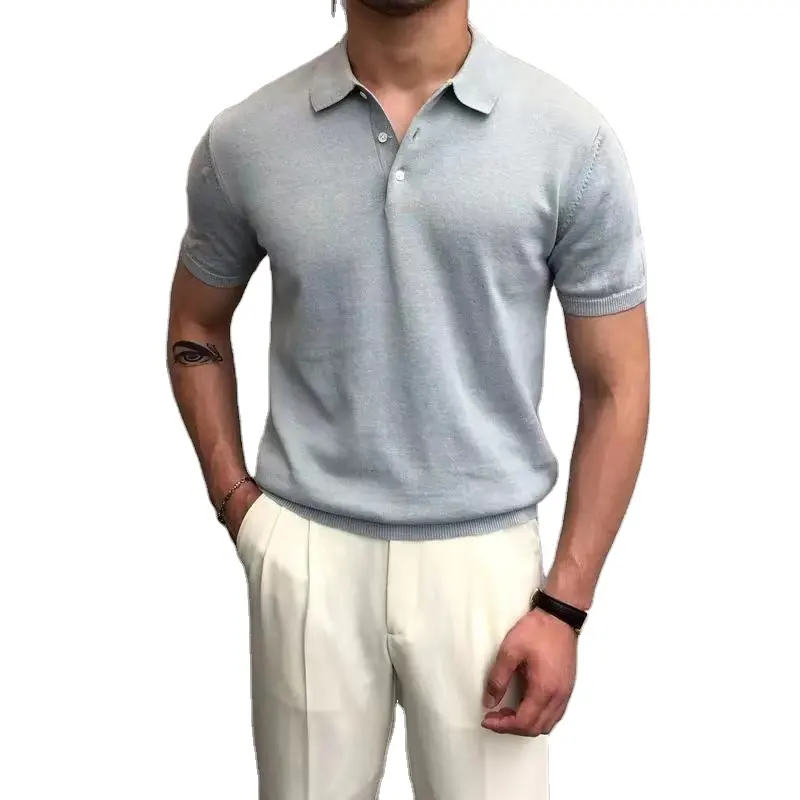 เสื้อโปโลผู้ชายแบบถักกระดุมแขนสั้นเสื้อโปโลทรงสลิมฟิตเสื้อถักสำหรับธุรกิจออกแบบโลโก้ได้ตามต้องการ