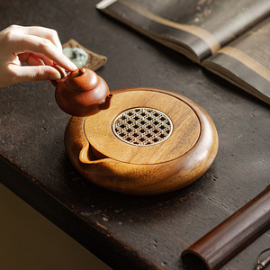 Soporte para tetera de madera de nogal, base de madera maciza para almacenamiento de agua, tapete retro de arcilla púrpura para el cuidado del té, uso doméstico - Product Image 4