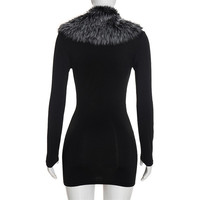 Robe moulante courte Jiubaju pour femme avec col en fausse fourrure, manches longues, décolleté plongeant, coupe ajustée, sexy, pour club et soirée