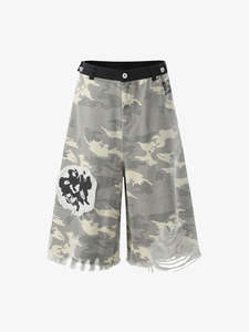 Camouflage Bermuda <b>Shorts</b> <b>Men</b> Street Style <b>Patch</b> Design Ripped Hem Elastic Waist Cotton Canvas <b>Shorts</b> - Product Image 1