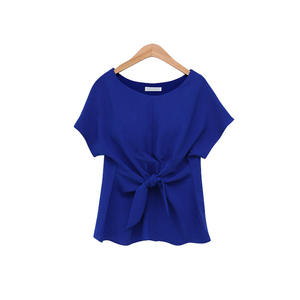 Camicette Estive da <span class=keywords><strong>Donna</strong></span> a Maniche Corte <span class=keywords><strong>con</strong></span> Collo Tondo, Top da Ufficio <span class=keywords><strong>con</strong></span> Fiocco Decorativo, Camicie Blu - Product Image 5