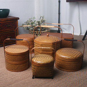 July 7th Handmade <b>Bamboo</b> Woven Basket Round Double Layer Lidded Food <b>Container</b> Traditional Style Tea Storage Box - Product Image 2