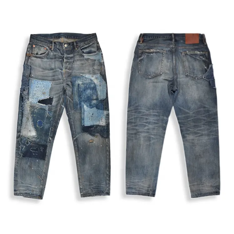 latest design Custom High quality vintage heavy wash distressed patches men pantalon japanese selvedge denim jeans pants man