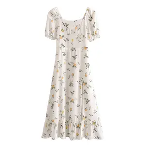 화이트 컬러 스퀘어 칼라 반팔 귀여운 레몬 프린트 숙녀 여름 사이드 슬릿 우아한 캐주얼 드레스