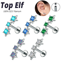 Piercing d'oreille en titane ASTM F136 classique 16G avec zircon étoile, clou à dos plat pour cartilage, tragus, hélix, conque, labret, bijoux de corps