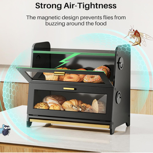 Scatola per il pane <span class=keywords><strong>in</strong></span> <span class=keywords><strong>legno</strong></span>-contenitore per il pane da cucina con tagliere <span class=keywords><strong>in</strong></span> bambù, quadranti regolabili per fori di sfiato, nero - Product Image 5