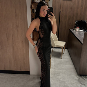 Vestido Largo de Noche Estilo Europeo Americano para Mujer con Cuello Halter, Encaje Transparente y Espalda Descubierta, Ideal para Banquetes y Fotografía Urbana - Product Image 4