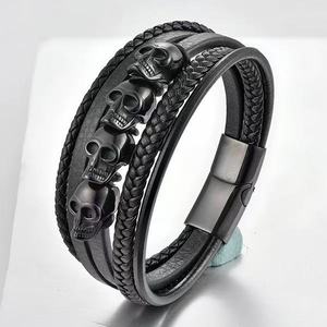Bracelet multi-couches en acier inoxydable avec breloque magnétique, bracelets en cuir tressé pour hommes, bracelets punk à crâne, accessoires de bijoux - Product Image 3