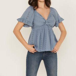 Nueva Llegada, Precio Bajo, Blusa Casual con Aberturas, Camisa Simple con Mangas Cortas Abullonadas y Cuello en V, Blusas de Algodón para Mujer, OOTD - Product Image 1