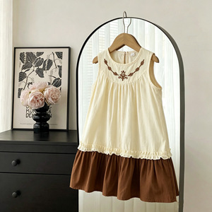 Abito midi da ragazza con scollo rotondo, senza maniche, ricamo vintage, bordo arricciato, color block, a balze, linea ad A, stile retrò casual - Product Image 6