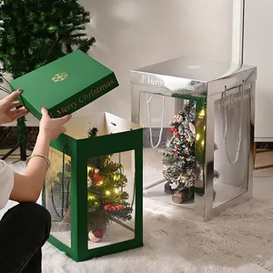 מפואר ייחודי חג המולד מתנת תיק תיבת ברור pvc חלון אריזת קופסא עם ידית עבור מתנה פרחי חג המולד עץ לטפל אריזה