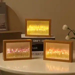 Marco de fotos de madera para interiores creativo LED tulipán luces de noche LED dormitorio Regalo de Cumpleaños 10 Flor de plástico atmósfera tulipán luz Led