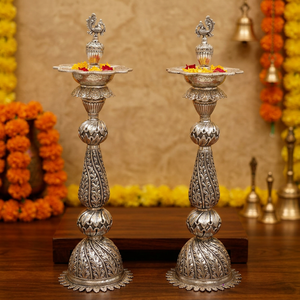 SILVER PLATED FINE CARVING SAMAI / <b>LAMP</b> BIG SIZE WITH ROUND <b>BASE</b> - Product Image 3