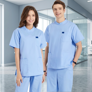 Unisex Light Blue <b>Scrub</b> <b>Tops</b> With Pockets Cotton Polyester Woven Hospital Uniforms - Product Image 2