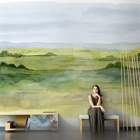 Papier Peint Mural Personnalisé Paysage Champêtre Vert Aquarelle, Scène de Montagne Douce, pour Salon, Villa, Gîte, Tissu Mural