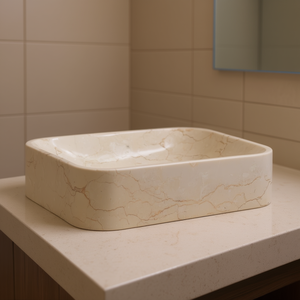 Lavabo de Mármol para Baño, 15.7x15.7x3.9 Pulgadas, Color Crema, Rectangular, Montado en Encimera, Diseño Contemporáneo Pulido - Product Image 2