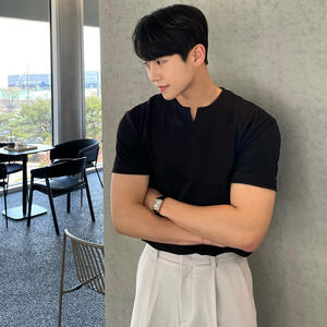 Camiseta de Verano para Hombre, Cuello Redondo, Manga Corta, Color Sólido, con Cuentas, Estilo Vintage, Holgada, Informal, Transpirable - Product Image 6