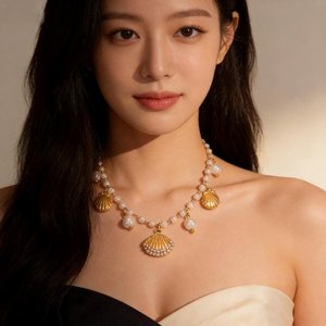 ファッショナブルな高級18K金メッキステンレスネックレス、シェルジルコンと人工パールビーチスタイルビーズペンダント付き - Product Image 1