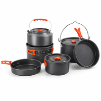 Ensemble de cuisine de camping compact 5 pièces en aluminium anodisé dur antiadhésif, personnalisable OEM/ODM, avec bouilloire, marmite suspendue et poêle à frire