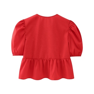 Camisa <span class=keywords><strong>de</strong></span> verano para mujer con camisa <span class=keywords><strong>de</strong></span> <span class=keywords><strong>corbata</strong></span> Vintage linterna manga corta cuello redondo blusas Chic elegante Puff manga corta sólido con volantes Top - Product Image 5