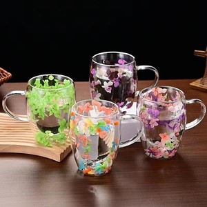 Tasse à fleurs séchées en verre double couche, populaire, avec sable mouvant, créative, pour le petit-déjeuner, avec poignée - Product Image 3