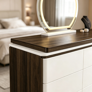 Ensemble de coiffeuse en bois blanc avec miroir LED rond, coffre de rangement, base verticale cannelée dorée, tabouret et bureau de maquillage extensible pour chambre à coucher - Product Image 2