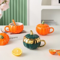Tasse en céramique personnalisée 250ml avec citrouille de Noël et design bohème avec cuillère et couvercle pour cadeaux d'affaires
