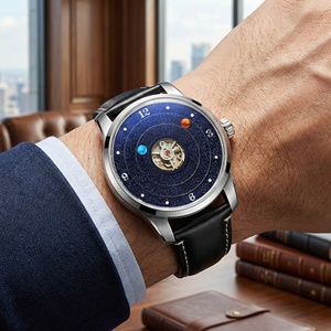 Reloj de pulsera mecánico de lujo con esfera de aventurina, diseño de estrellas y planetas, con rueda de equilibrio central personalizada OEM. - Product Image 2