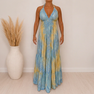 Robe longue évasée pour femme, bleue, imprimé cachemire, style bohème, col en V, taille élastique, coupe ajustée, 100 % soie tissée, coupe classique, tenue décontractée d'été - Product Image 1