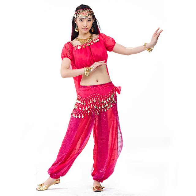 Chiffon Sequin Dance Set with Lantern Short Sleeve Veil Belly Dance Costume Indian Dance Performance Skirt Dress